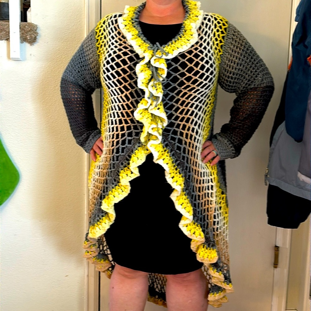 Yellow and Grey Handmade Crocheted Mandala Sweater
